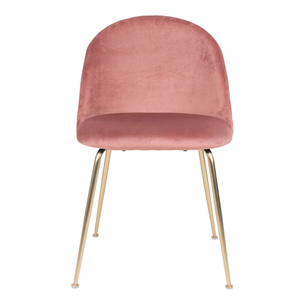 Vooraanzicht van de House Nordic Geneve eetkamerstoel in roze velvet met gouden poten – elegante designstoel, set van 2.