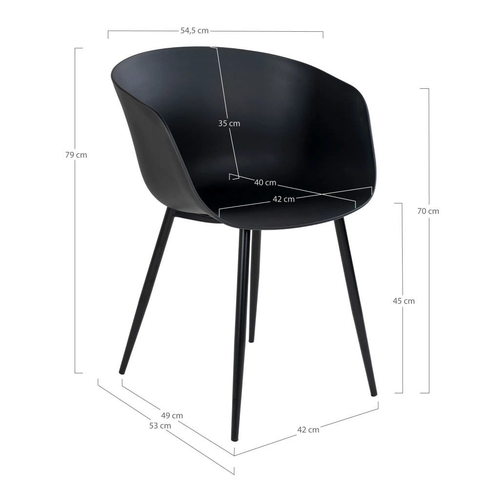 Afmetingen van de zwarte House Nordic Roda eetkamerstoel – breedte 54,5 cm, hoogte 79 cm, zithoogte 45 cm – modern Scandinavisch design.