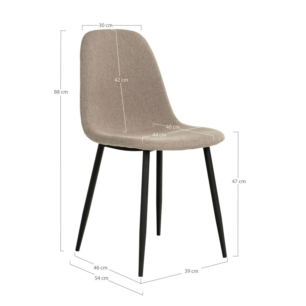 Afbeelding met afmetingen van de House Nordic Stockholm eetkamerstoel in steenkleurige polyester stof met zwarte metalen poten – hoogte 88 cm, zitdiepte 40 cm, zithoogte 47 cm.