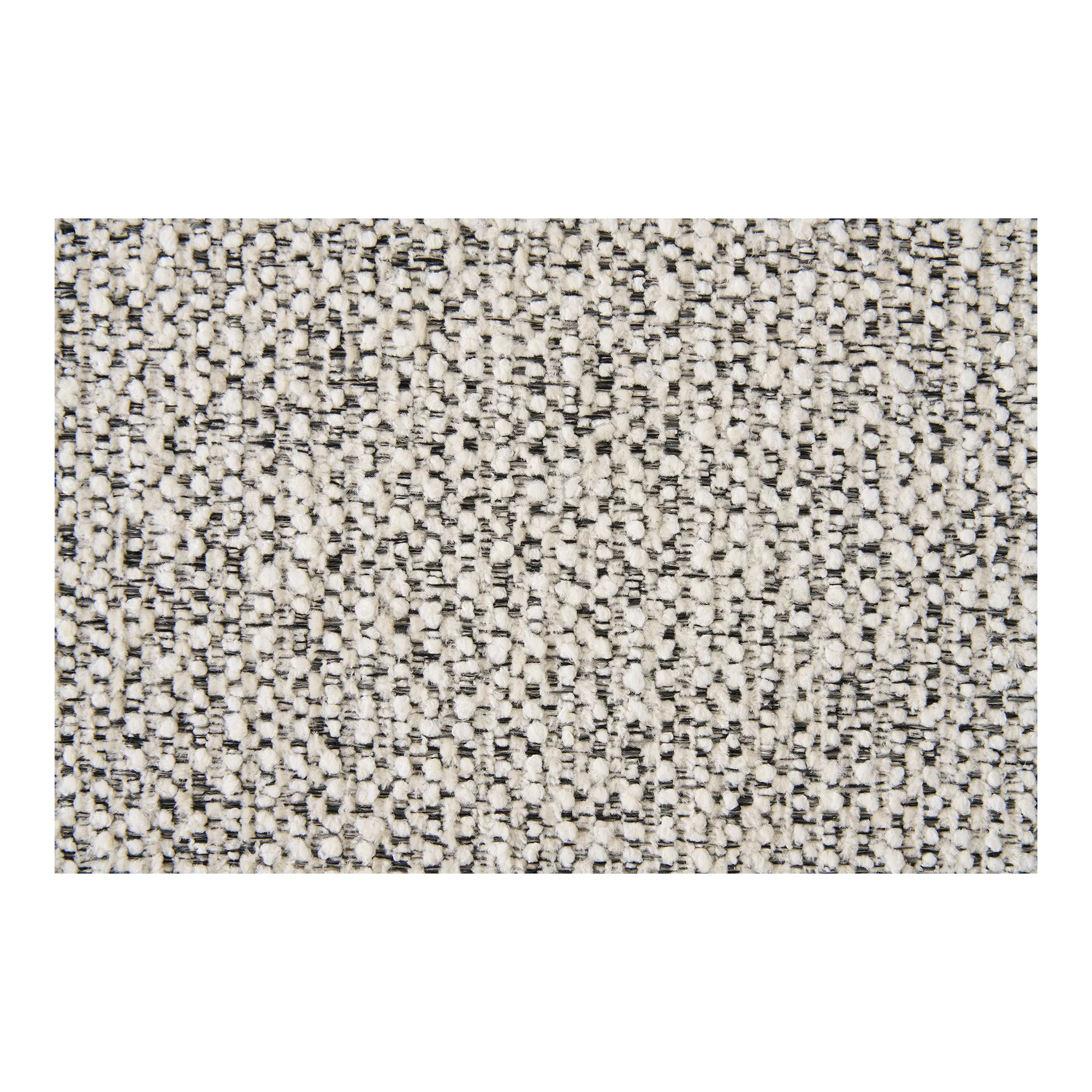 Close-up van de zandkleurige bouclé stof van de Trivio eetkamerstoel, met zichtbare textuur en kwaliteit. House Nordic.