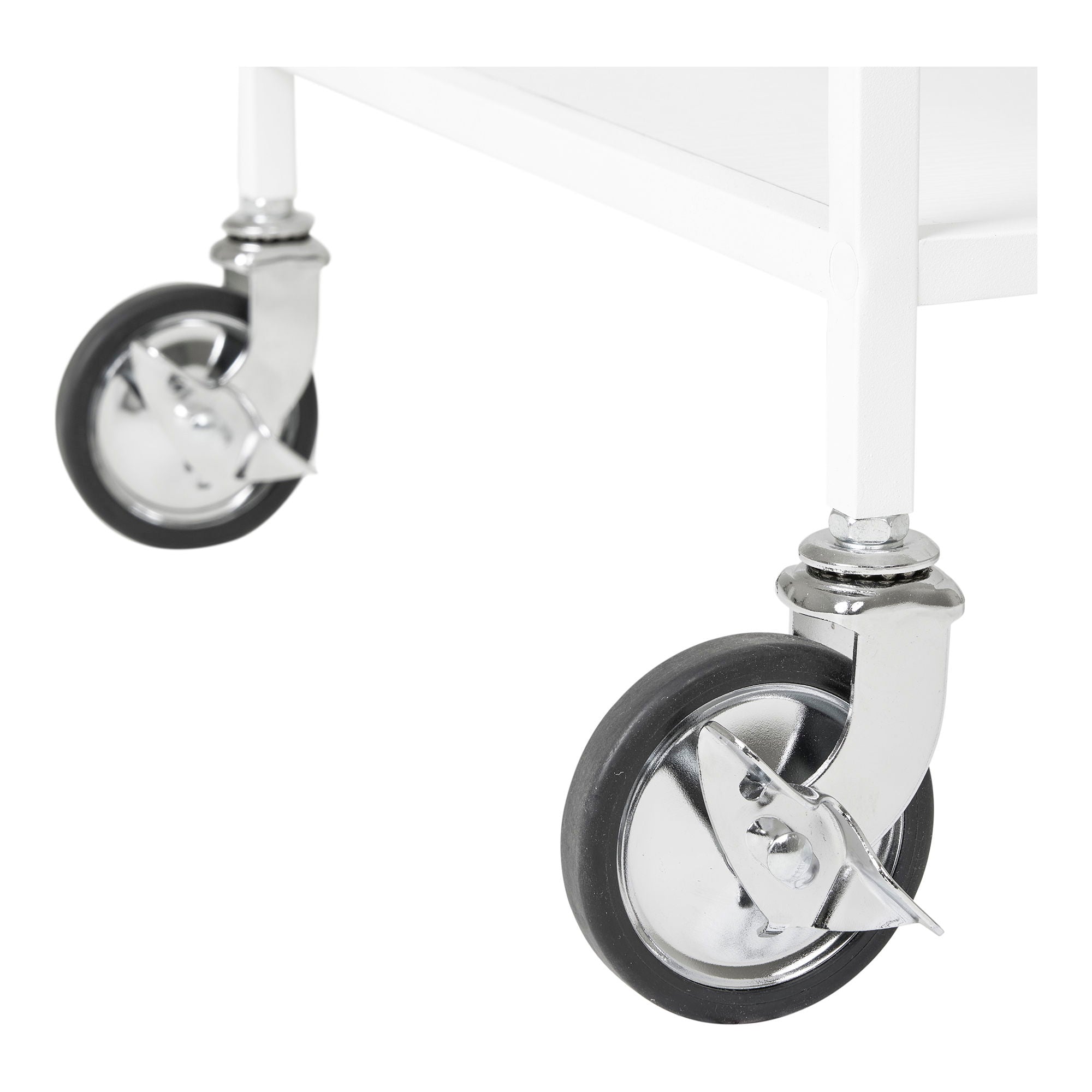 Detail van de zwenkwielen van de House Nordic Vita serveerwagen in wit – stevige metalen drankentrolley met rem.