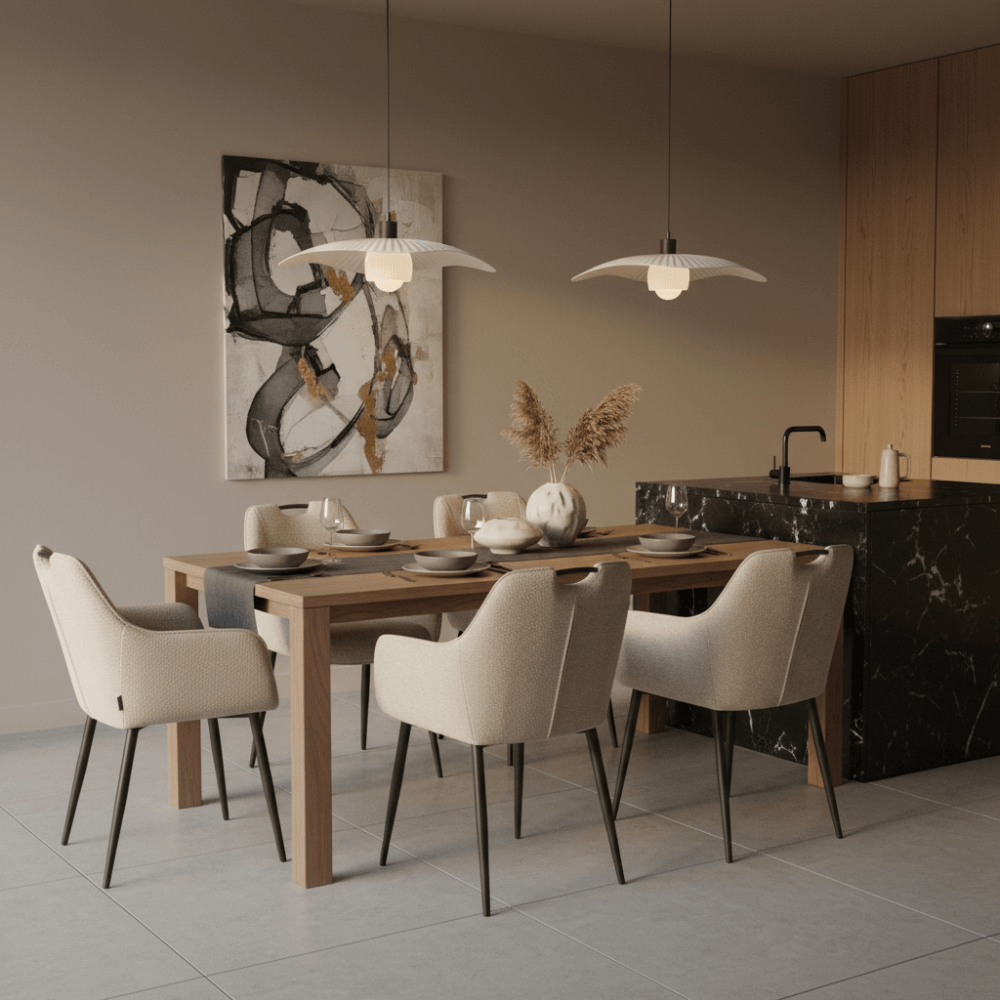 RV Design Adele armstoelen in beige Retro Bliss stof rond een houten eettafel in moderne keuken met marmeren kookeiland.