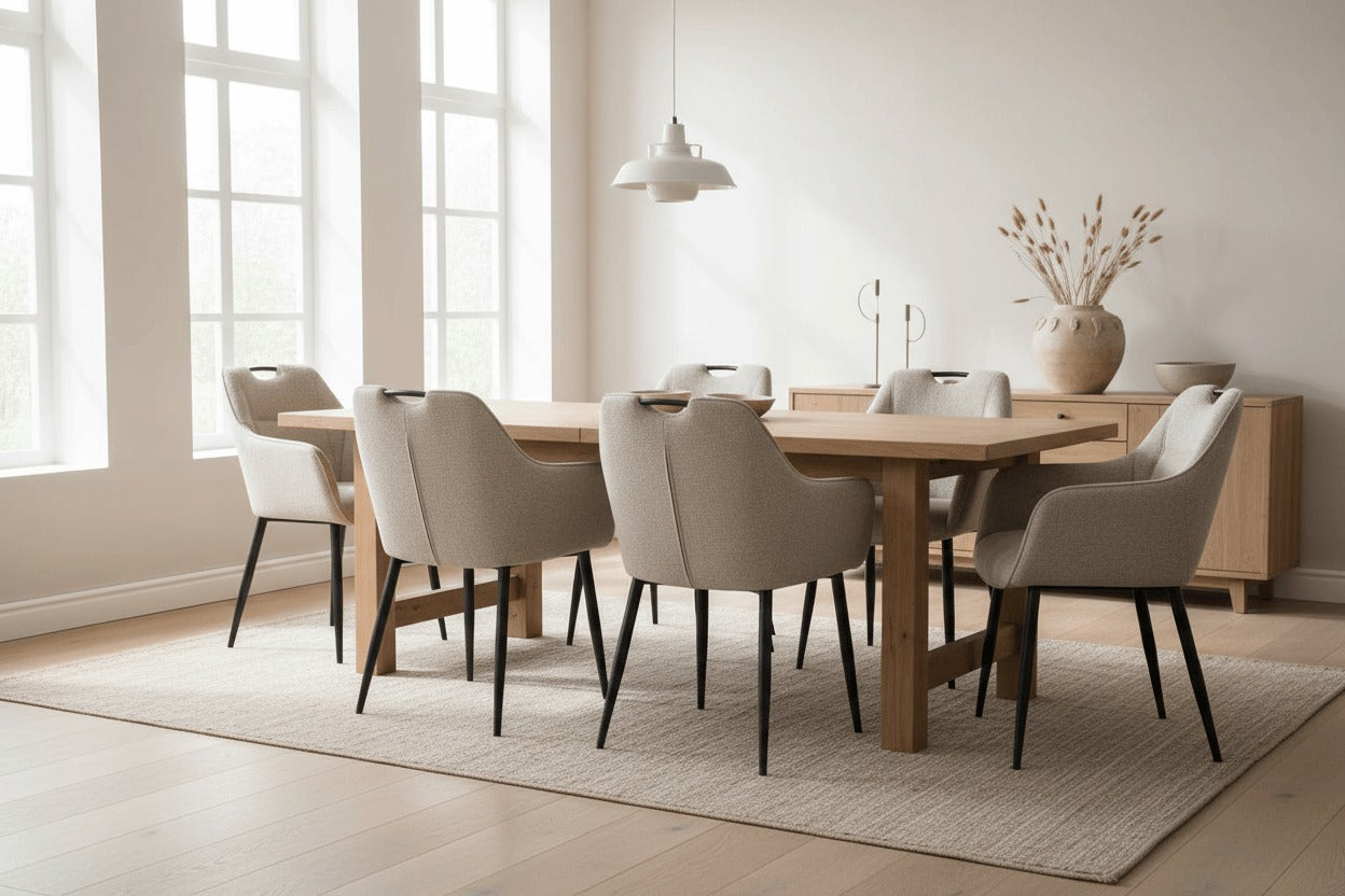 RV Design Adele armstoel in beige, stijlvol geplaatst rond een houten eettafel in een Scandinavische eetkamer.
