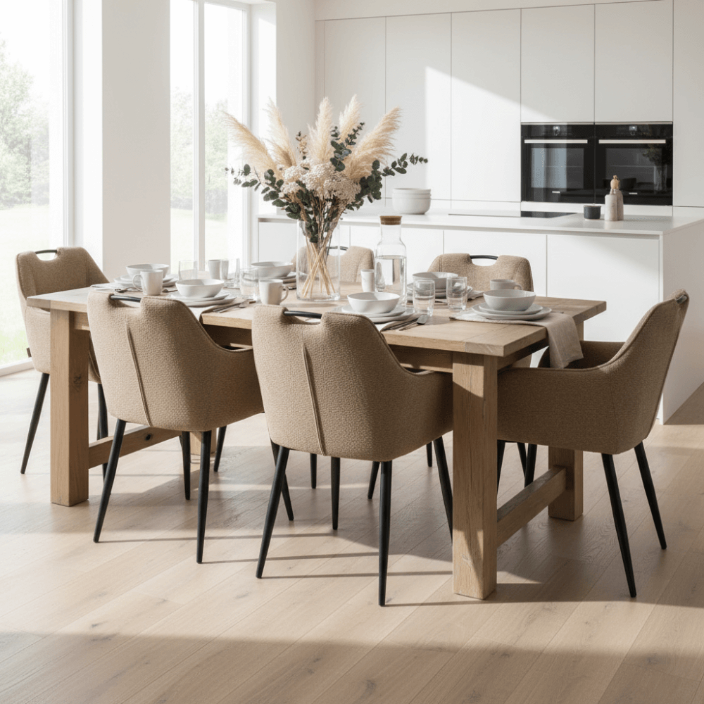 Zes taupekleurige RV Design Adele armstoelen rond een houten eettafel in een moderne eetkamer met witte keuken en grote raampartijen.