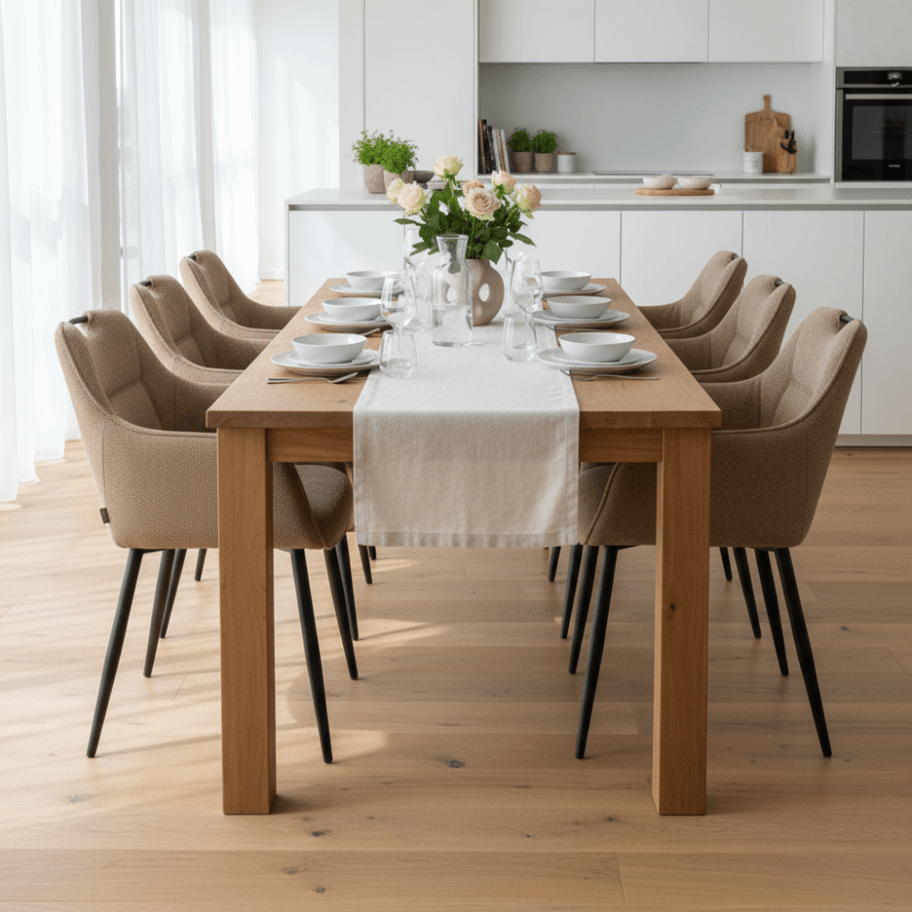 Zes RV Design Adele armstoelen in taupe stof aan een lange houten eettafel in een moderne open keuken met wit keukendesign.