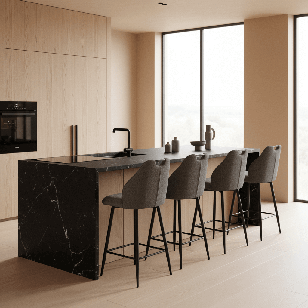 RV Design Adele barkrukken in antraciet Retro Bliss stof aan een modern keukeneiland met zwart marmer.