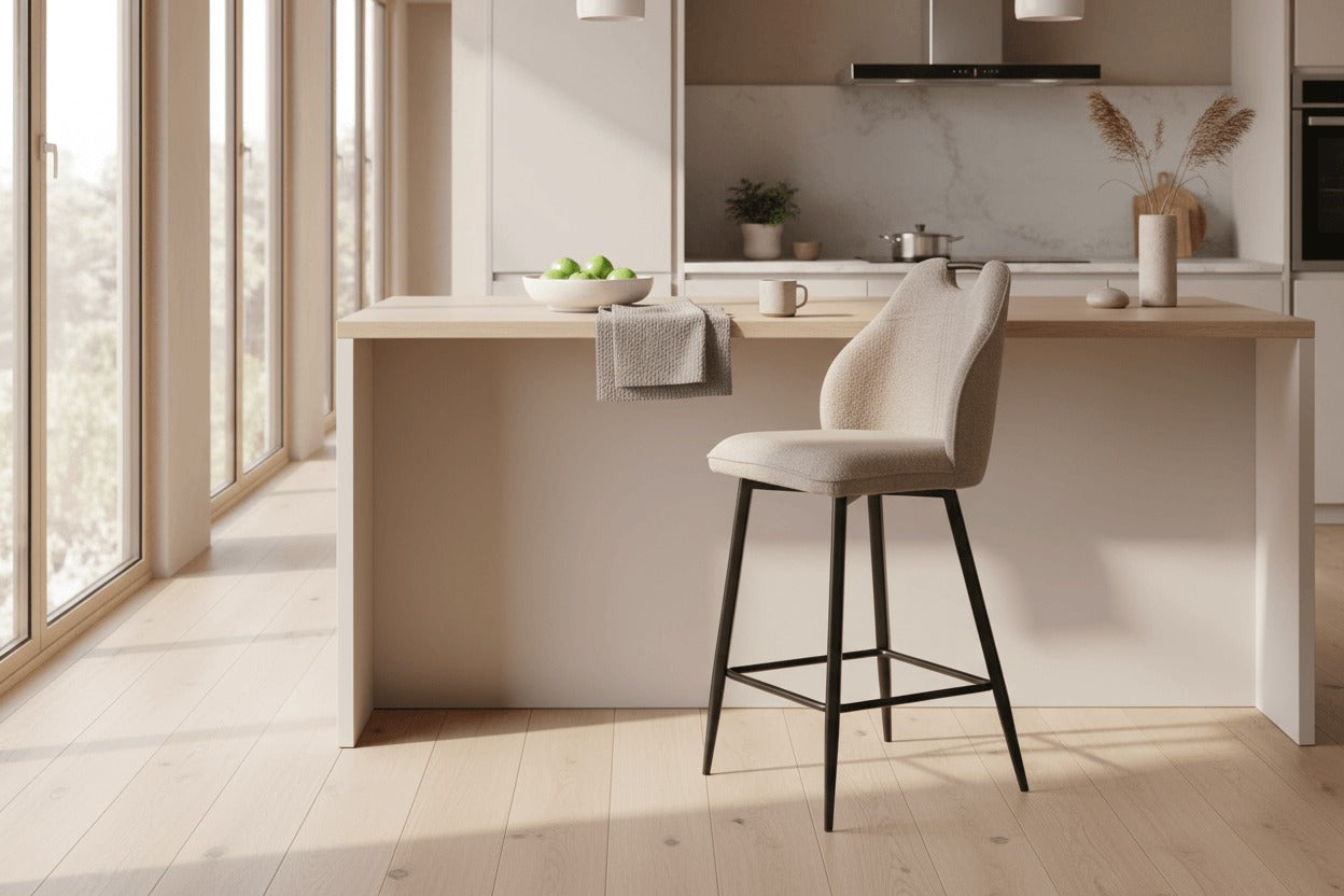 RV Design Adele barkruk in taupe Retro Bliss stof aan een Scandinavisch keukeneiland met zwart metalen frame.