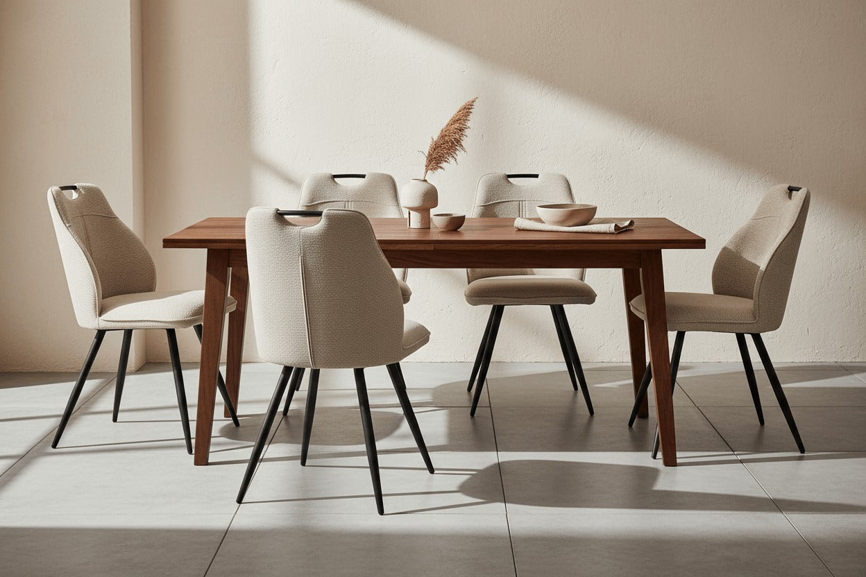 RV Design Adele eetkamerstoelen in beige Retro Bliss stof rond een houten eettafel in een rustig Japandi interieur.