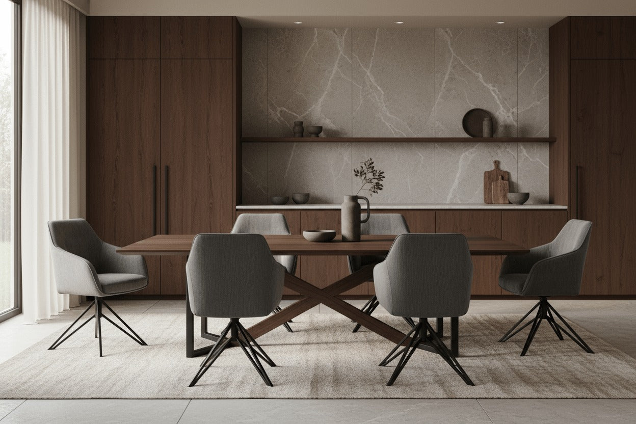 RV Design Blues armstoelen in antraciet, geplaatst rond een lange eettafel met spinpoot in een Japandi keuken met donkerbruin hout en natuursteen.