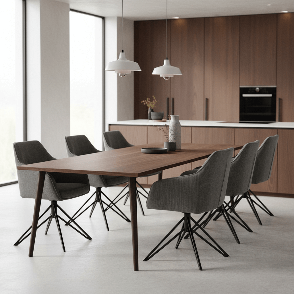 RV Design Blues armstoelen in antraciet ribstof met draaivoet aan een houten eettafel in een moderne open keuken.