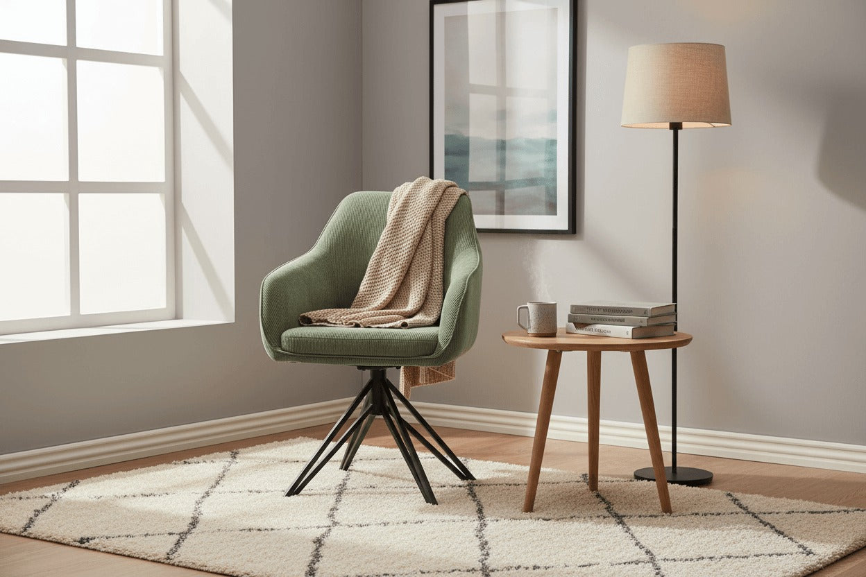 RV Design Blues armstoel in groene ribstof met draaivoet, gestyled in een rustige leeshoek met Japandi interieur en natuurlijke materialen.