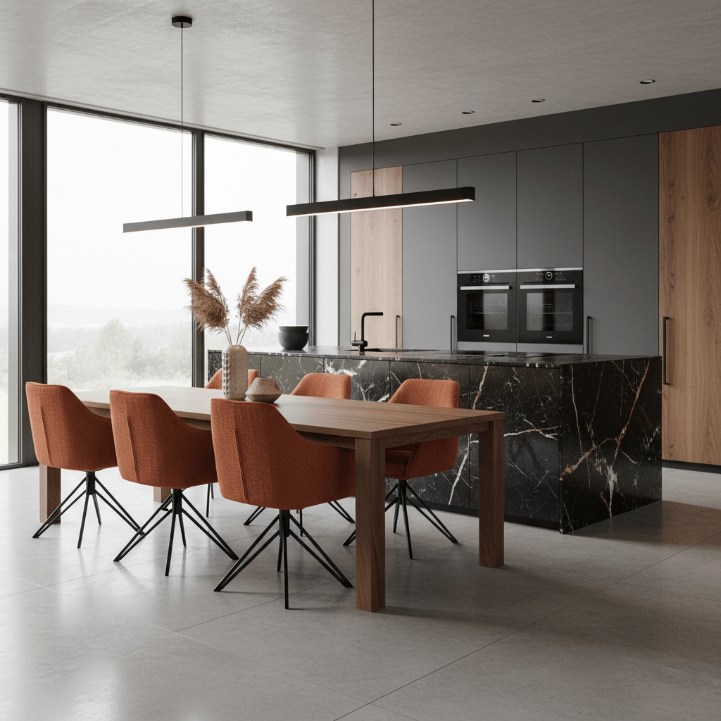 RV Design Blues armstoelen in koperkleurige ribstof met draaivoet aan een eettafel in een moderne keuken.