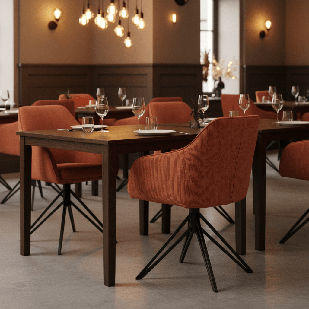 RV Design Blues armstoelen in koperkleurige ribstof met draaivoet in een stijlvol restaurantinterieur.