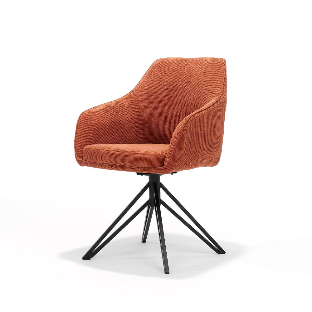 RV Design Blues armstoel in koperkleurig ribstof, corduroy, met ergonomische rugleuning en 180° draaifunctie met auto return.