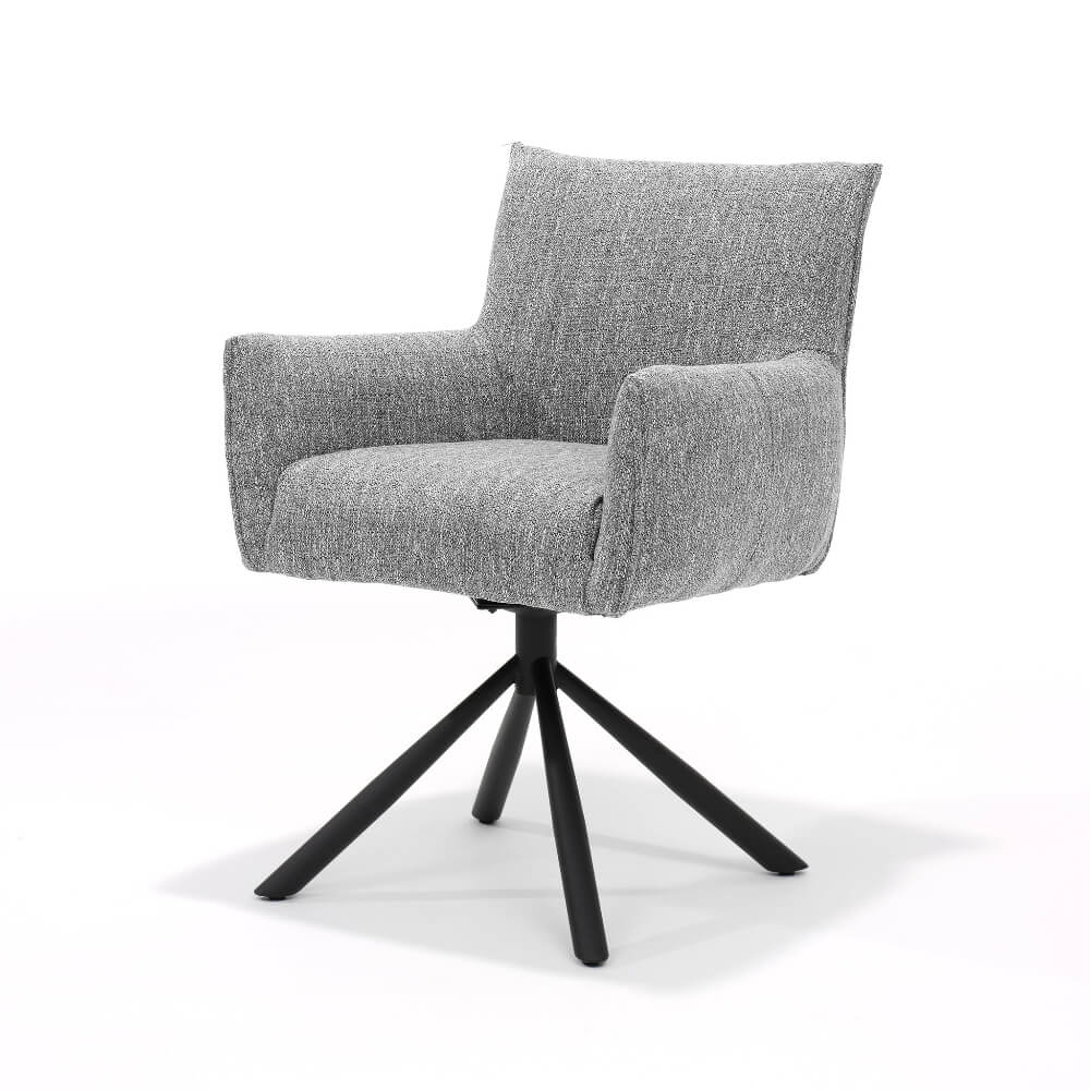 RV Design Focus armstoel in grijze Oasis stof met zwarte draaivoet en comfortabele armleuningen.