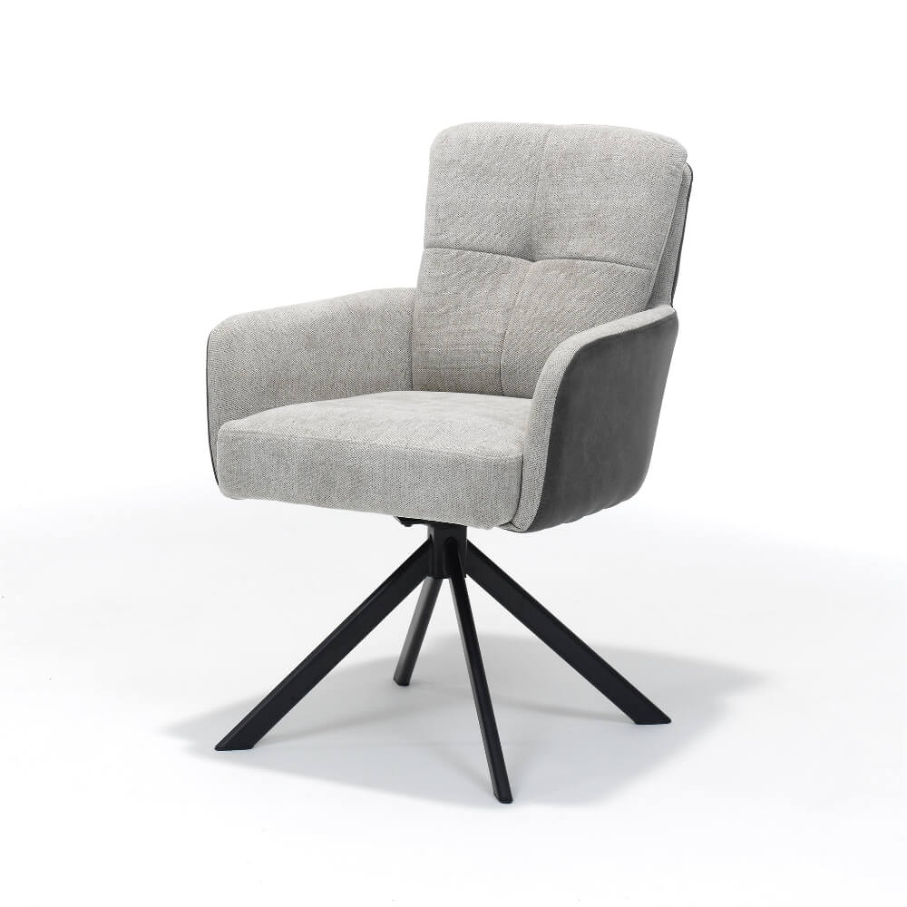 RV Design Fred armstoel in ecru retro bliss stof met zwarte metalen draaivoet en comfortabele armleuningen.