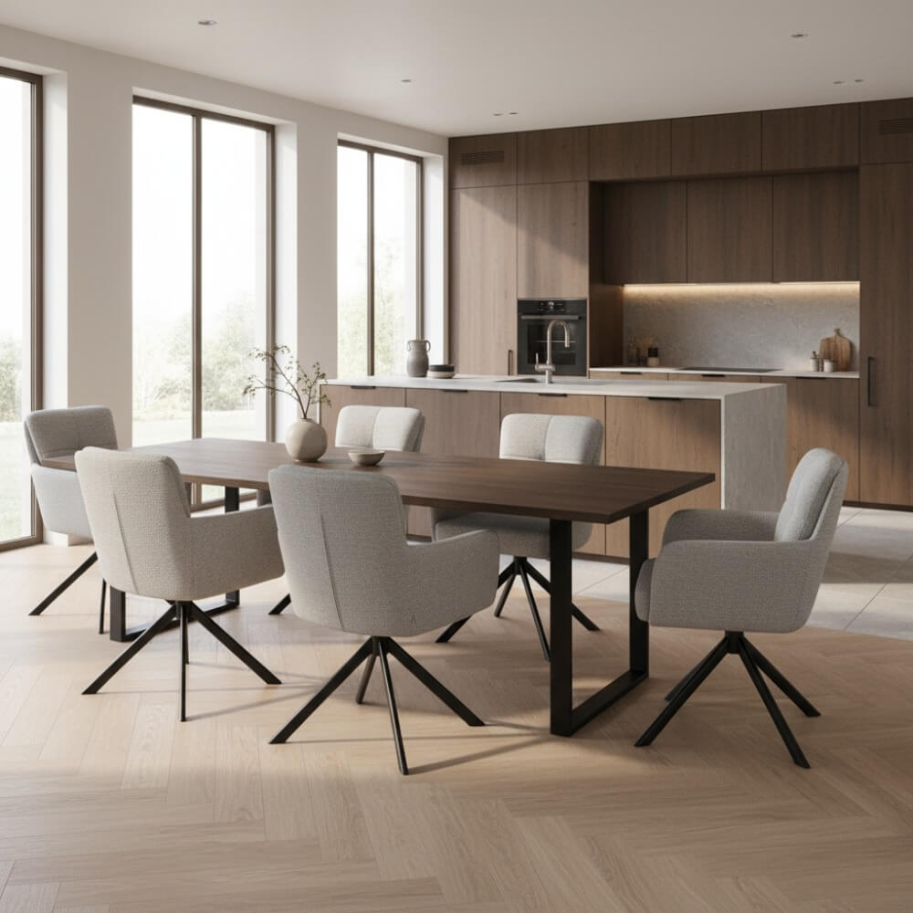 Zes RV Design Fred armstoelen in grijze stof rond een moderne donkerbruine houten eettafel in een Japandi stijl keuken met natuurlijke lichtinval.