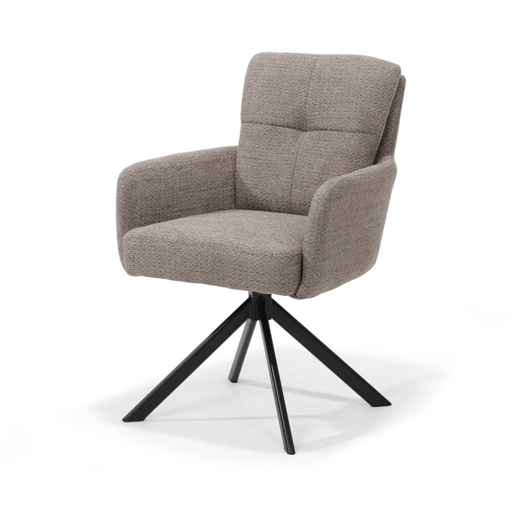 RV Design Fred armstoel in taupe retro bliss stof met zwarte metalen draaivoet en comfortabele armleuningen.