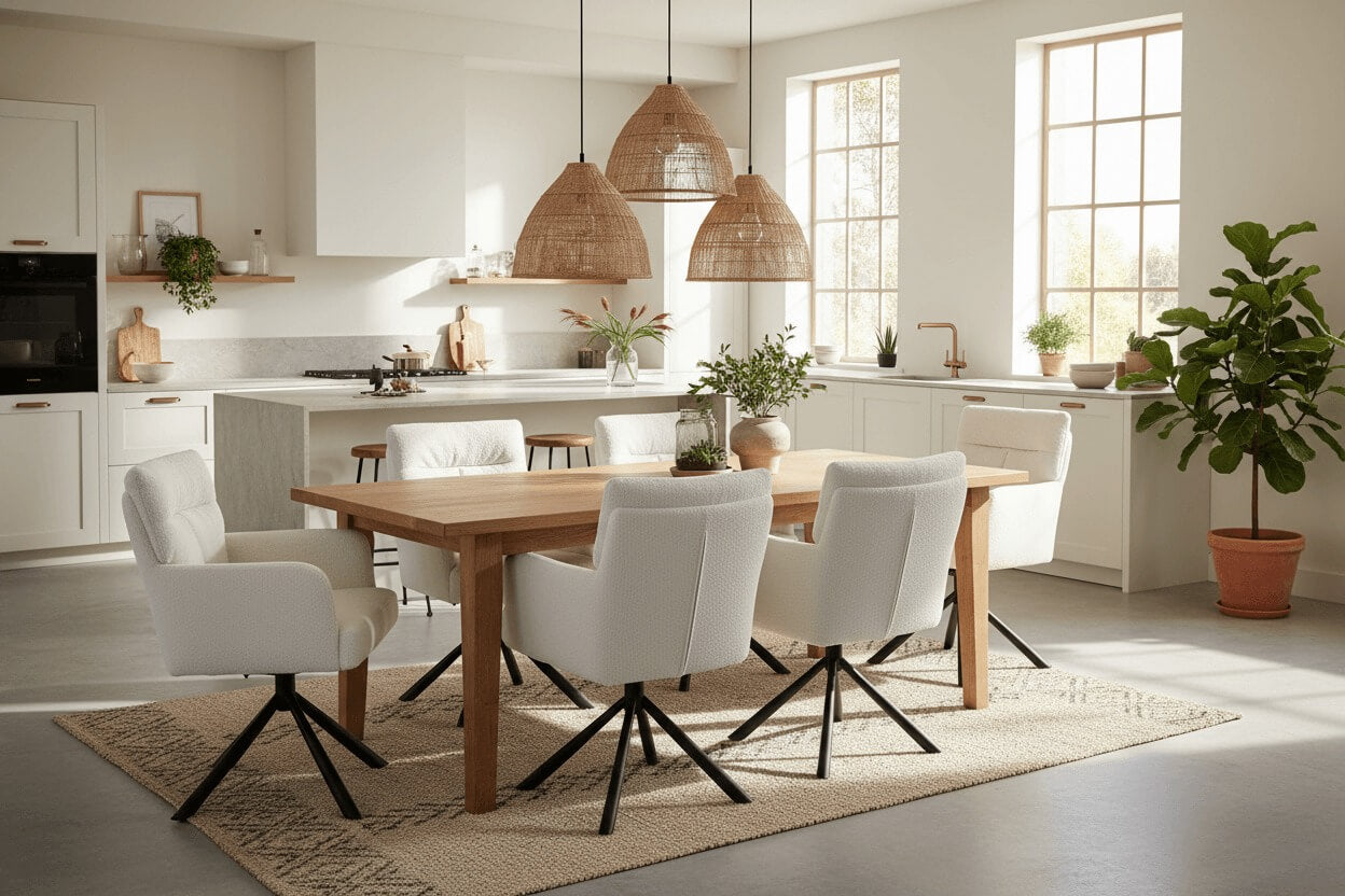RV Design Fresco armstoelen in open keuken en eetkamer met houten tafel en tijdloos design.