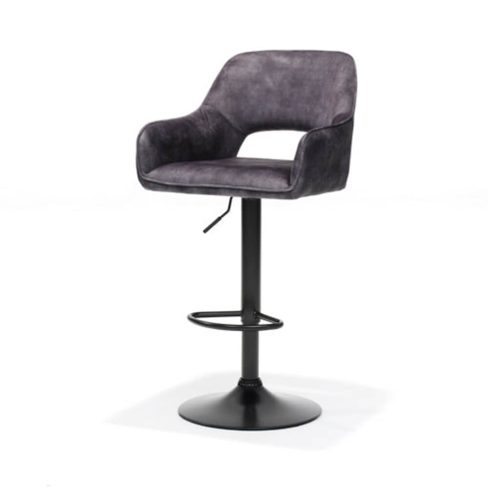 RV Design Katy barkruk in Aurora velours antraciet met zwart metalen onderstel, verstelbare design barkruk.