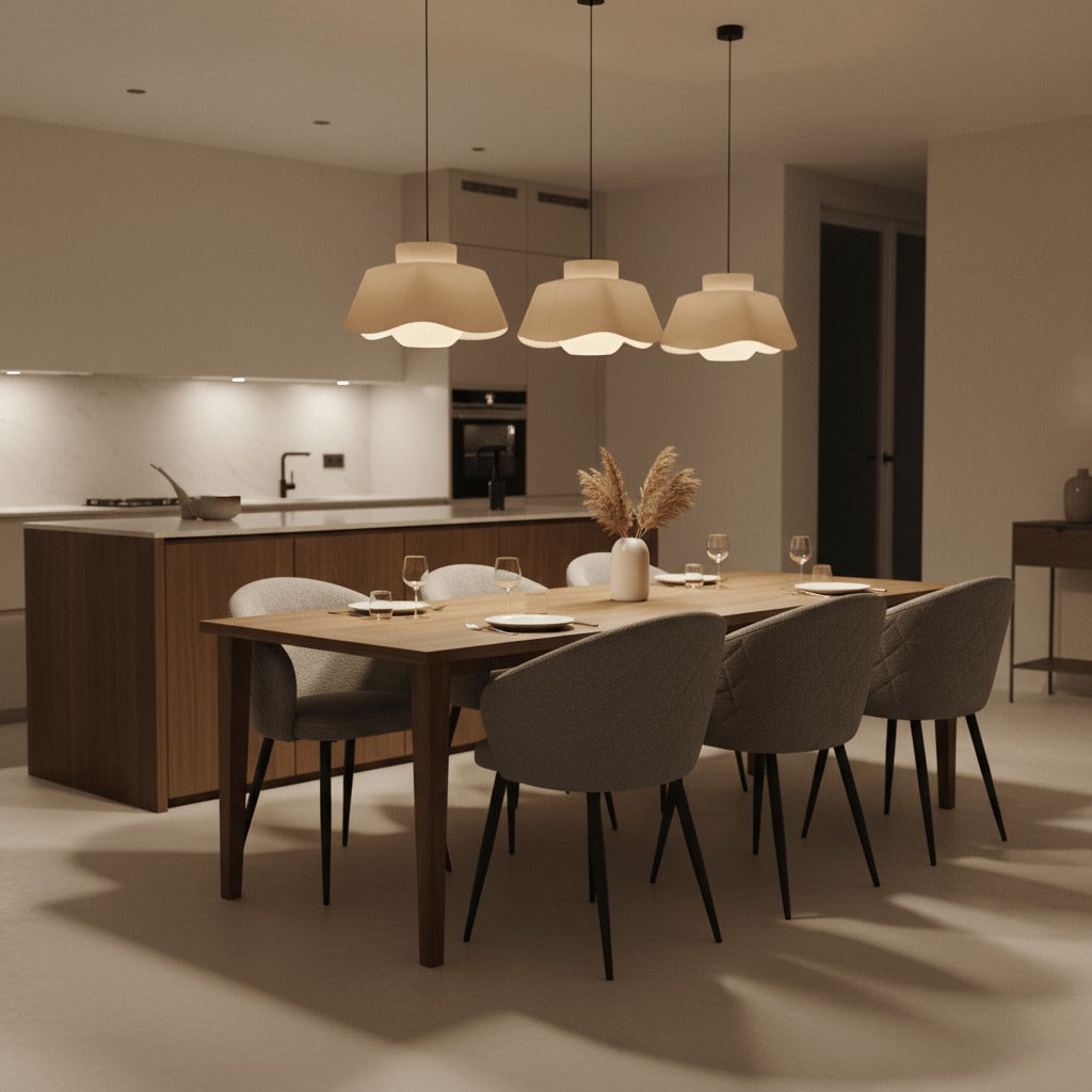 RV Design Kelly stoel in teddy stof rond een houten eettafel in een warme, sfeervolle eetkamer.