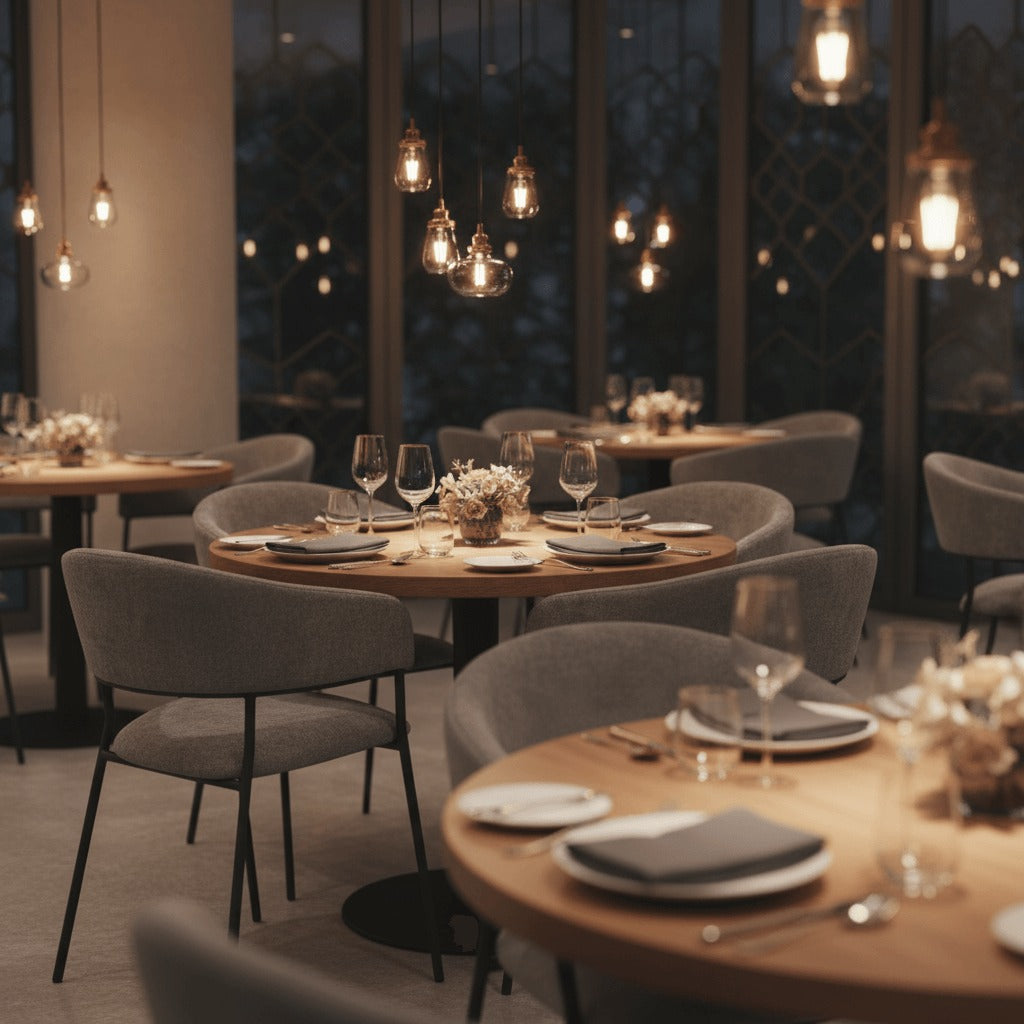 RV Design Liam armstoel in grijze Perfect Harmony stof, toegepast als luxe eetkamerstoel in een moderne restaurantsetting.