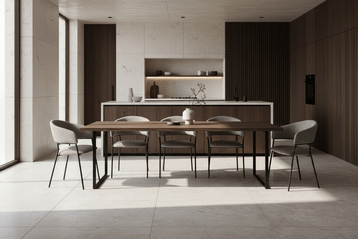 RV Design Liam armstoelen in grijze stof rond een lange eettafel in een Japandi keuken met donker hout en minimalistisch design.