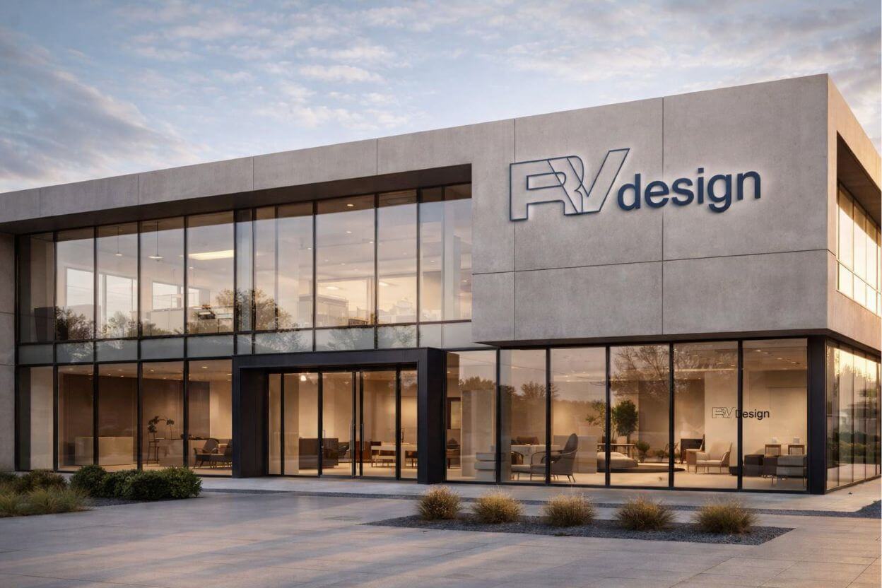 Modern hoofdkantoor van RV Design, Nederlands meubelmerk bekend om tijdloos design en vakmanschap.