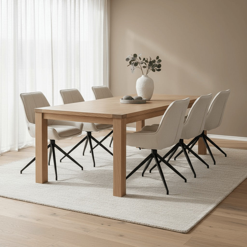 RV Design Montana stoelen in ecru Alpine-stof rond een houten eettafel in een moderne eetkamer.