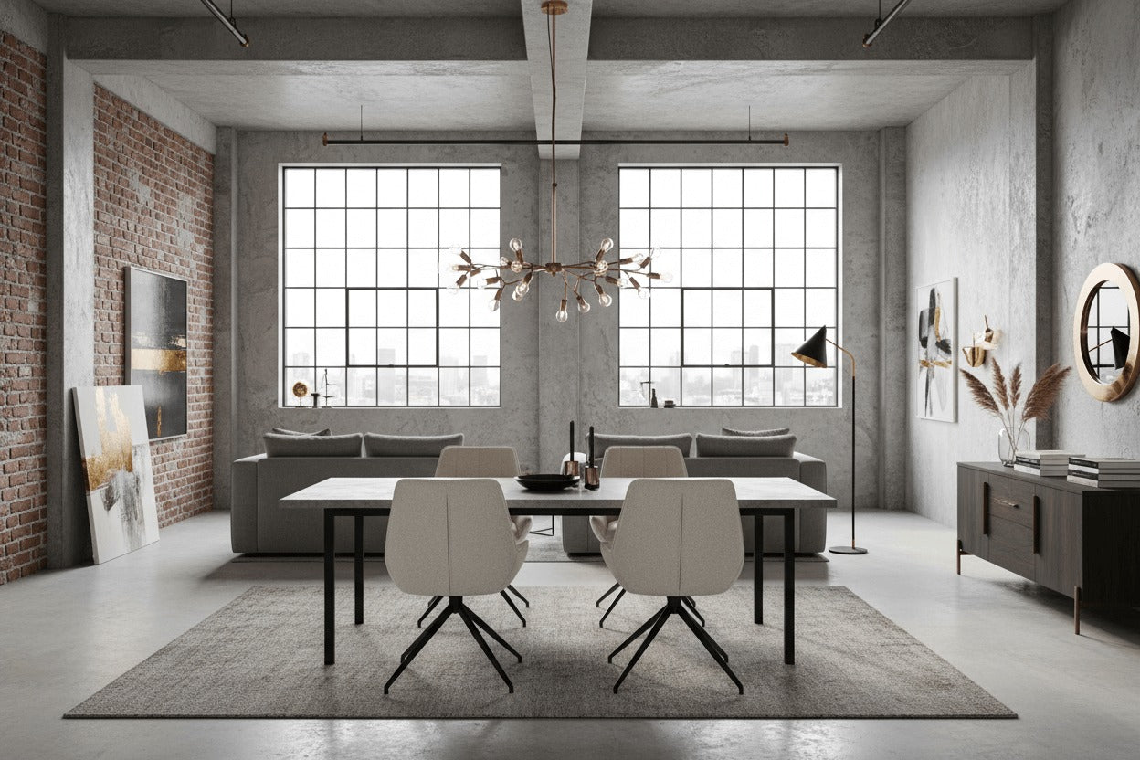 RV Design Montana stoel in ecru alpine-stof aan moderne eettafel in luxe loft interieur met industriële details.