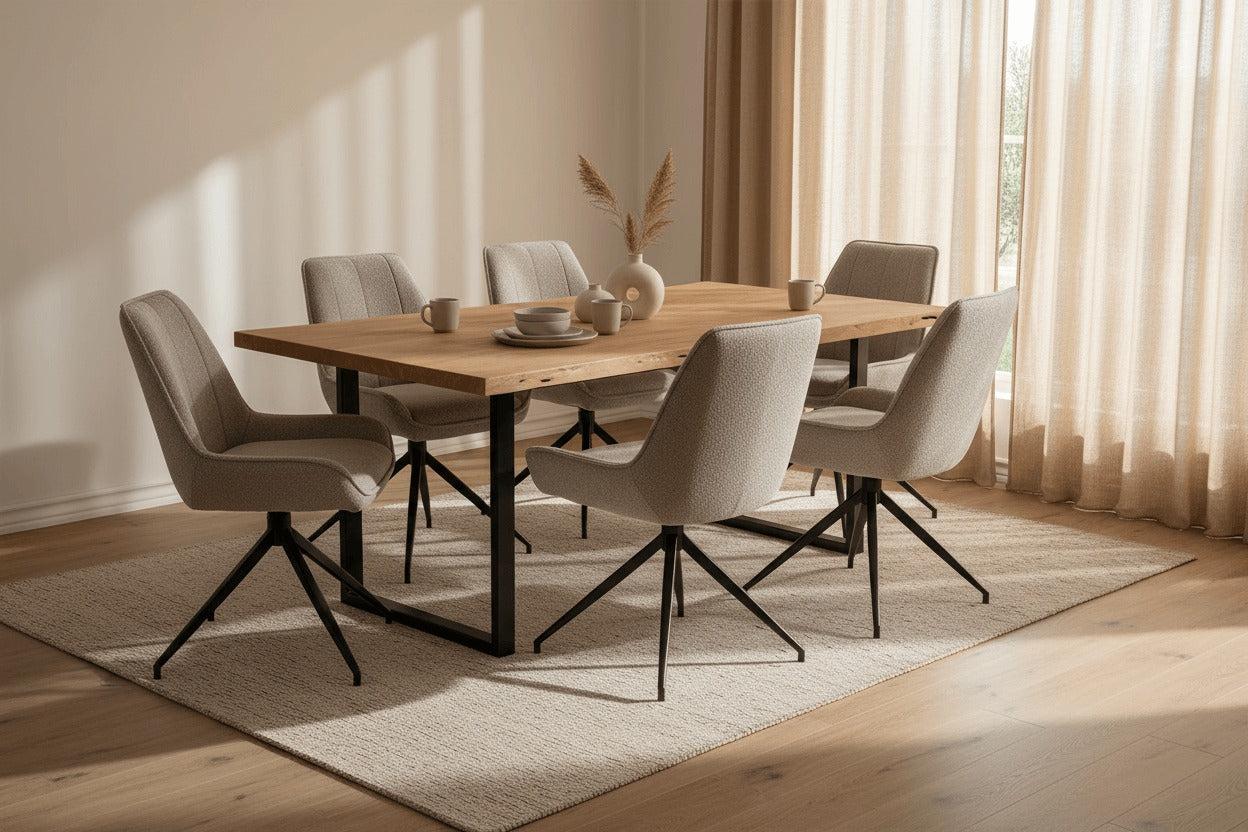 RV Design Montana eetkamerstoelen in taupe alpine-stof rond een houten eettafel in een modern landelijke eetkamer met zwart metalen onderstel en warme natuurlijke tinten.