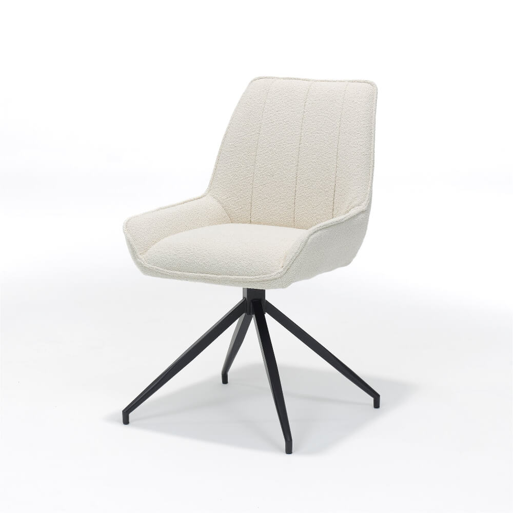 Montana eetkamerstoel van RV Design in teddy stof ecru met zwarte draaivoet – moderne designstoel.