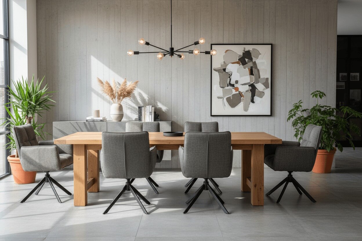 RV Design Nova armstoelen in donkergrijze stof rond een houten eettafel in een modern, stijlvol interieur.