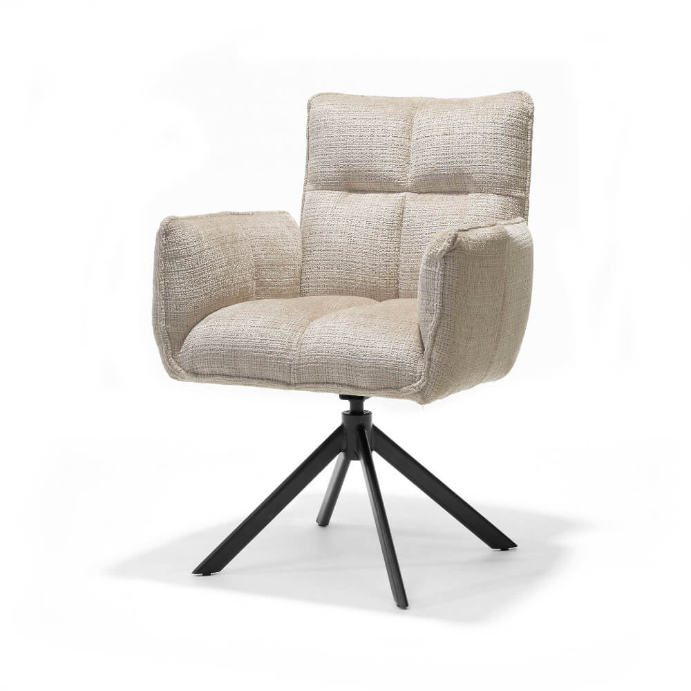 RV Design Nova armstoel in ecru Cremona stof met zwarte metalen draaivoet en comfortabele armleuningen.