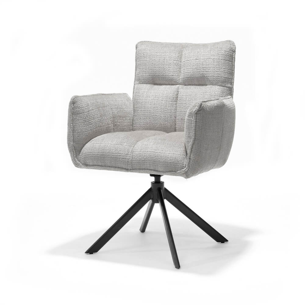 RV Design Nova armstoel in naturel Cremona stof met zwarte metalen draaivoet en comfortabele armleuningen.