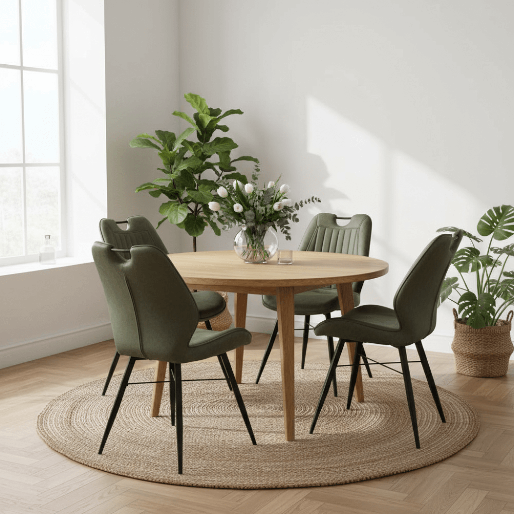 Vier groene RV Design Quattro eetkamerstoelen rond een ronde houten tafel op een jute vloerkleed in een lichte Scandinavische eetkamer met houten vloer en kamerplanten.