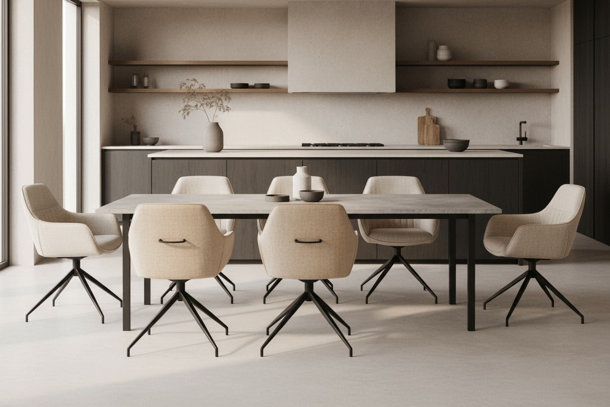 RV Design Toscane armstoelen in naturel Oasis stof in een Japandi keuken met kookeiland, zwarte metalen draaivoet en geïntegreerde handgreep aan de rug.