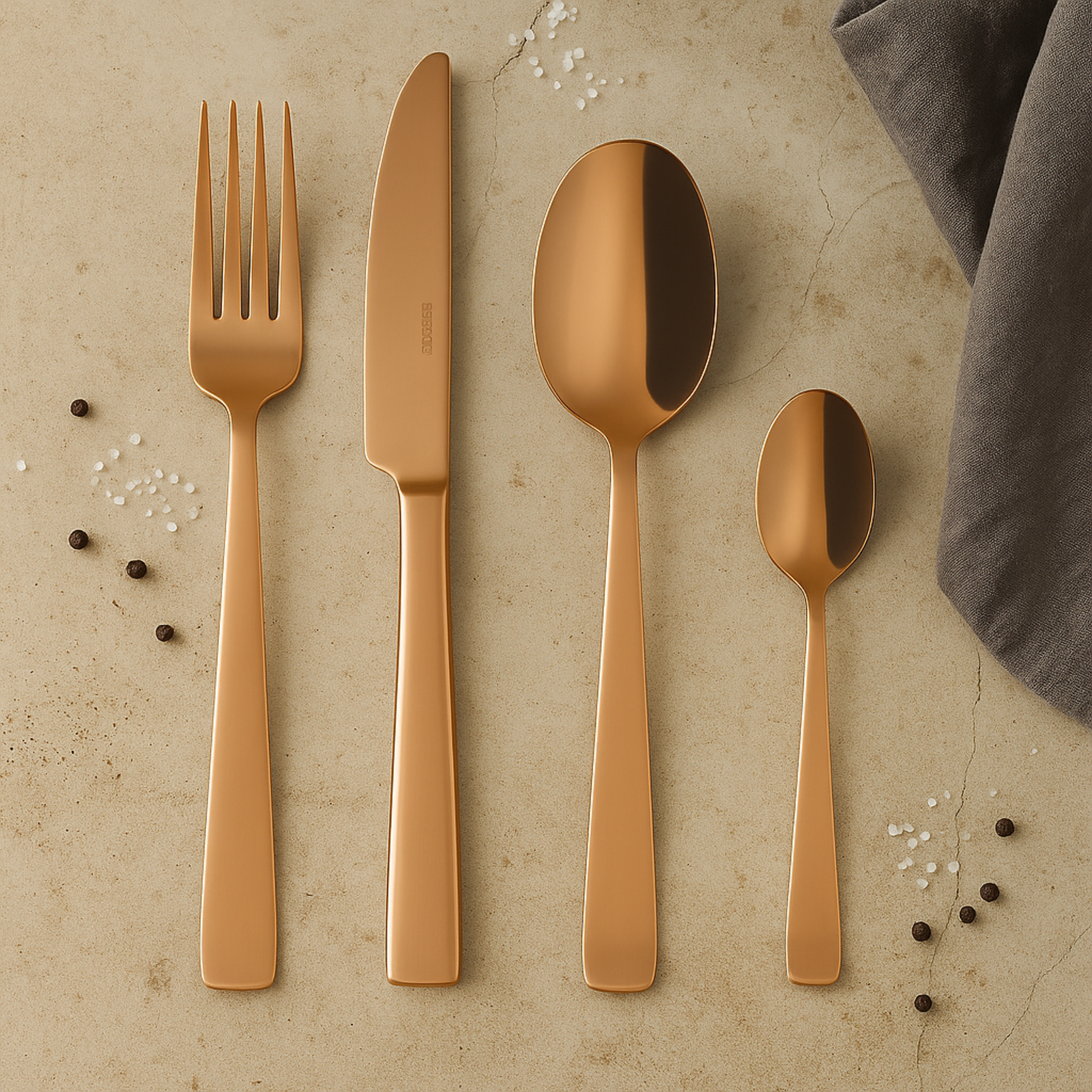 Sambonet Flat PVD 24-delig bestekset in roségoud stijlvol uitgestald op een tafel met peperkorrels, zoutkorrels en een servet.